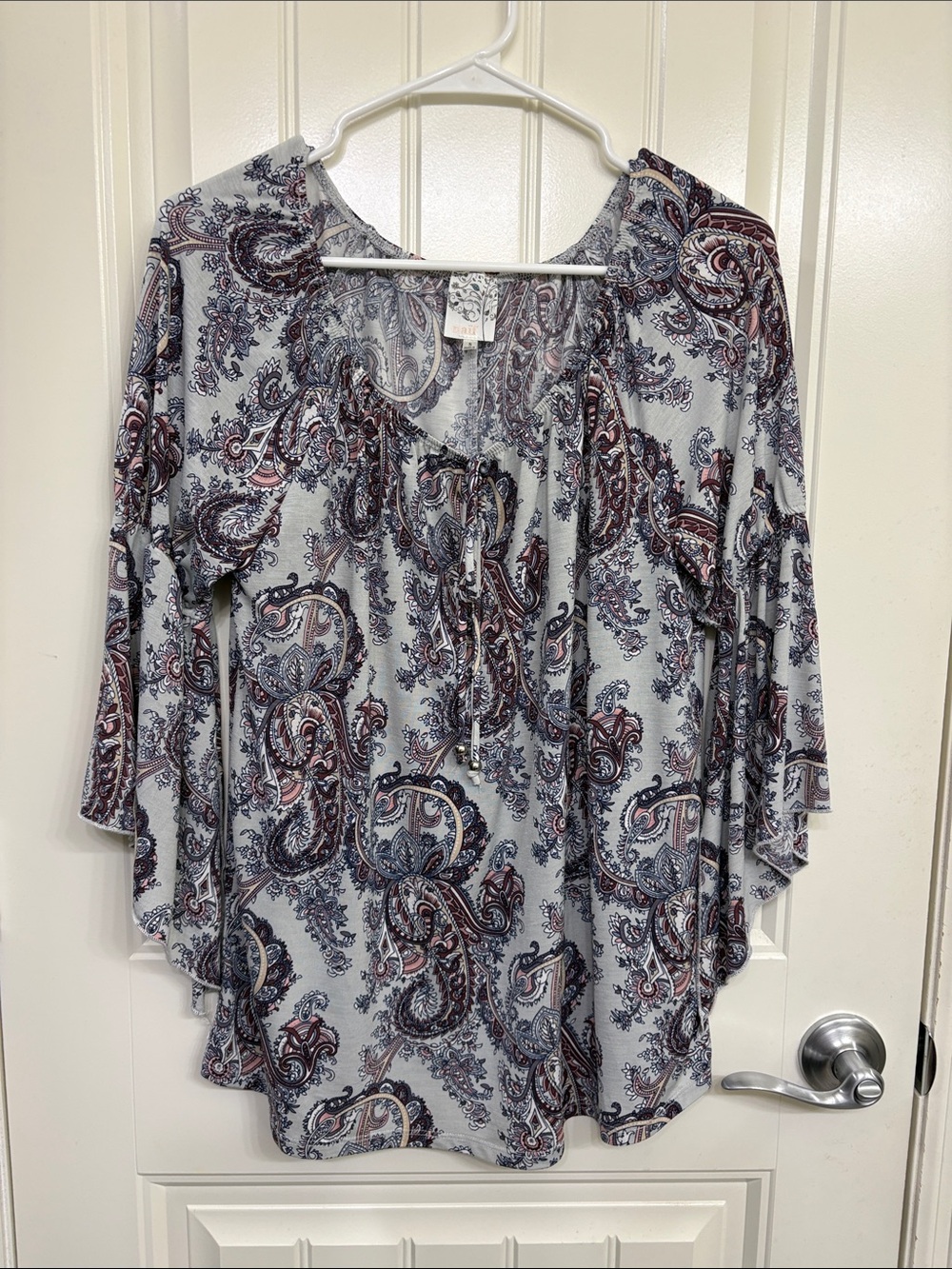 NAIF Paisley Peasant Blouse in Light Gray and Burgundy